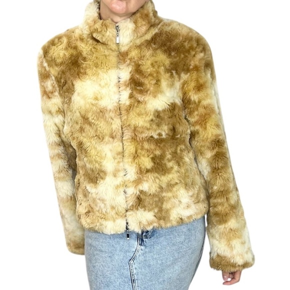Vintage 90s Y2K tan beige brown faux fur full zip short boxy jacket M - Picture 2 of 14